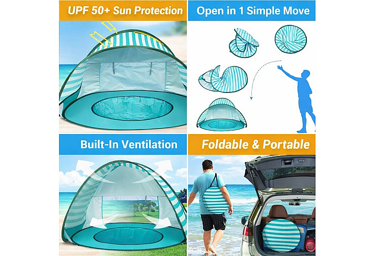 Детска Pop-Up палатка за игра с UV защита 50+ – лека и сгъваема, за плаж и градина, 120×80×70 см