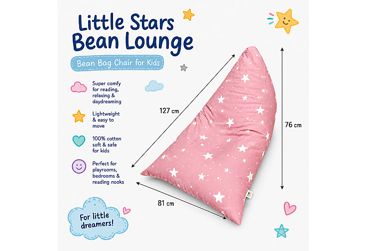 Детски пуф лежанка Little Stars, 100% памук, розов барбарон със звезди, 127x81x76 см