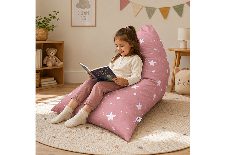 Детски пуф лежанка Little Stars, 100% памук, розов барбарон със звезди, 127x81x76 см