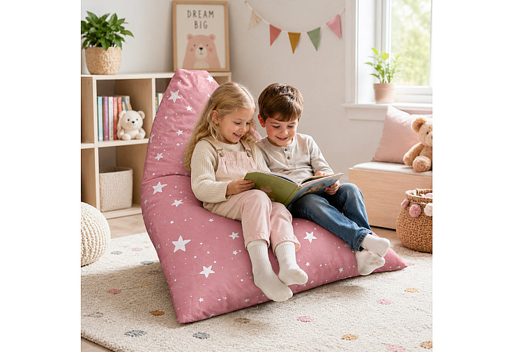 Детски пуф лежанка Little Stars, 100% памук, розов барбарон със звезди, 127x81x76 см