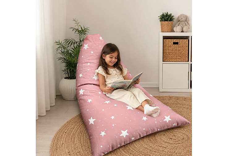 Детски пуф лежанка Little Stars, 100% памук, розов барбарон със звезди, 127x81x76 см