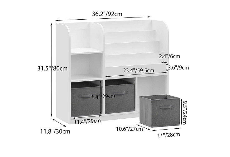 Детски органайзер, Монтесори етажерка с рафтове за играчки и книги, 3 текстилни кутии, дървен, бял, 92x30x80 см