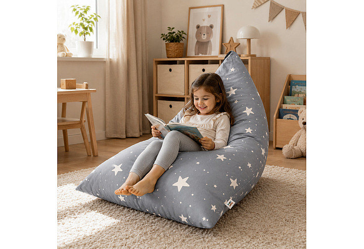 Детски пуф лежанка Little Stars, 100% памук, сив барбарон със звезди, 127x81x76 см