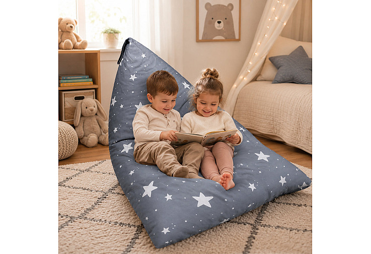 Детски пуф лежанка Little Stars, 100% памук, сив барбарон със звезди, 127x81x76 см