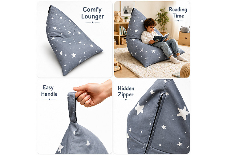 Детски пуф лежанка Little Stars, 100% памук, сив барбарон със звезди, 127x81x76 см