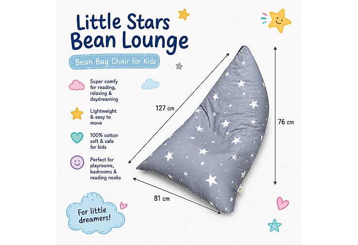 Детски пуф лежанка Little Stars, 100% памук, сив барбарон със звезди, 127x81x76 см