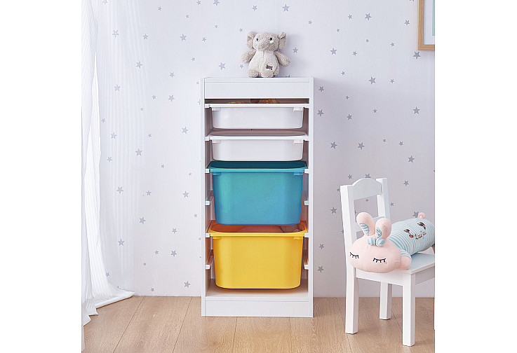 Детски шкаф GINGER HOME, етажерка за играчки с 4 кутии за съхранение, бял