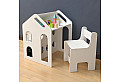 Детско Бюро Къщичка GINGER HOME със Столче, Етажерка и Черна Дъска, Монтесори Маса за Рисуване и Учене, Бяло, Масивно Дърво и MDF, 55.5x51x69 см