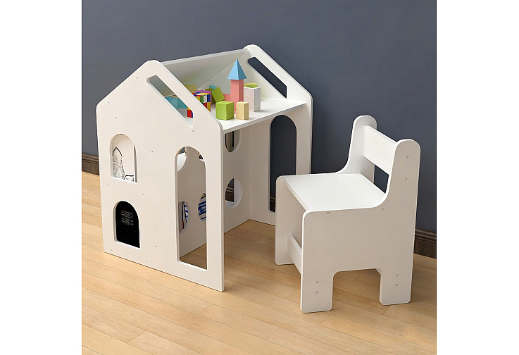 Детско Бюро Къщичка GINGER HOME със Столче, Етажерка и Черна Дъска, Монтесори Маса за Рисуване и Учене, Бяло, Масивно Дърво и MDF, 55.5x51x69 см