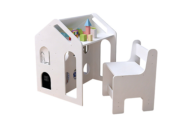 Детско Бюро Къщичка GINGER HOME със Столче, Етажерка и Черна Дъска, Монтесори Маса за Рисуване и Учене, Бяло, Масивно Дърво и MDF, 55.5x51x69 см
