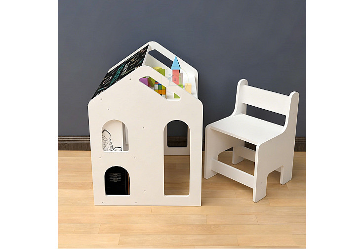 Детско Бюро Къщичка GINGER HOME със Столче, Етажерка и Черна Дъска, Монтесори Маса за Рисуване и Учене, Бяло, Масивно Дърво и MDF, 55.5x51x69 см
