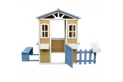 Детска къща за игра на открито, дървена, за двора и градината, бяло, синьо, 205х119х140 см