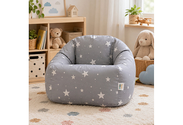 Детски пуф кресло Little Stars, 100% памук, сив барбарон със звезди, 55x44x55 см