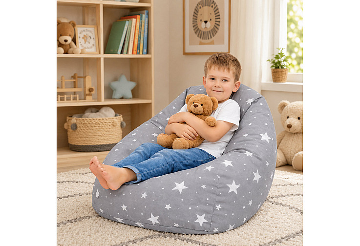 Детски пуф кресло Little Stars, 100% памук, сив барбарон със звезди, 55x44x55 см