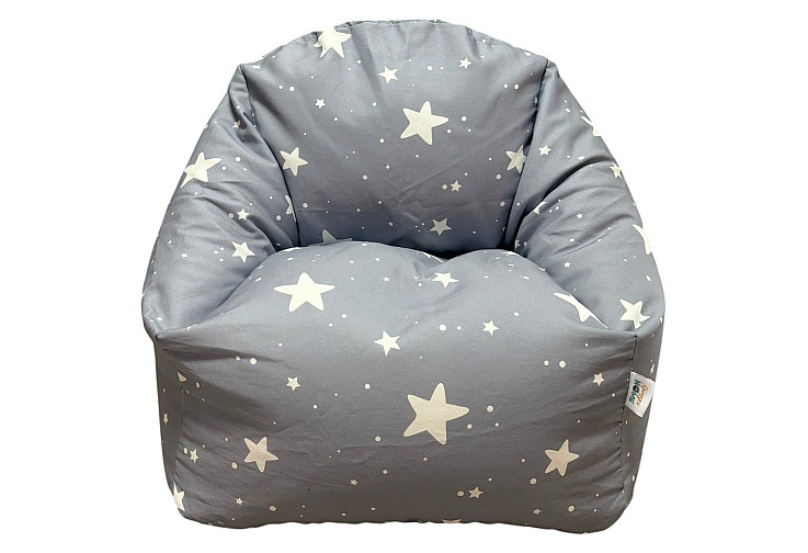 Детски пуф кресло Little Stars, 100% памук, сив барбарон със звезди, 55x44x55 см
