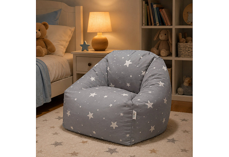 Детски пуф кресло Little Stars, 100% памук, сив барбарон със звезди, 55x44x55 см