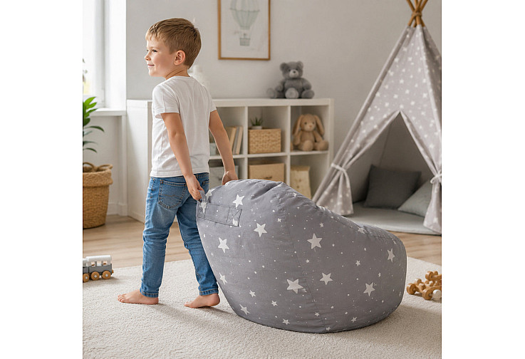 Детски пуф кресло Little Stars, 100% памук, сив барбарон със звезди, 55x44x55 см