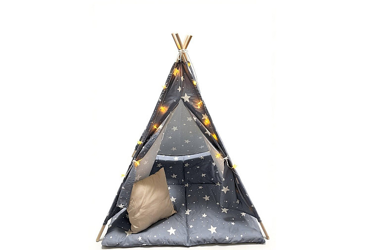 Детска памучна палатка Little Stars, типи, сива със звезди, с мека подложка с пълнеж, възглавница и LED лампички, 120x120x160 см