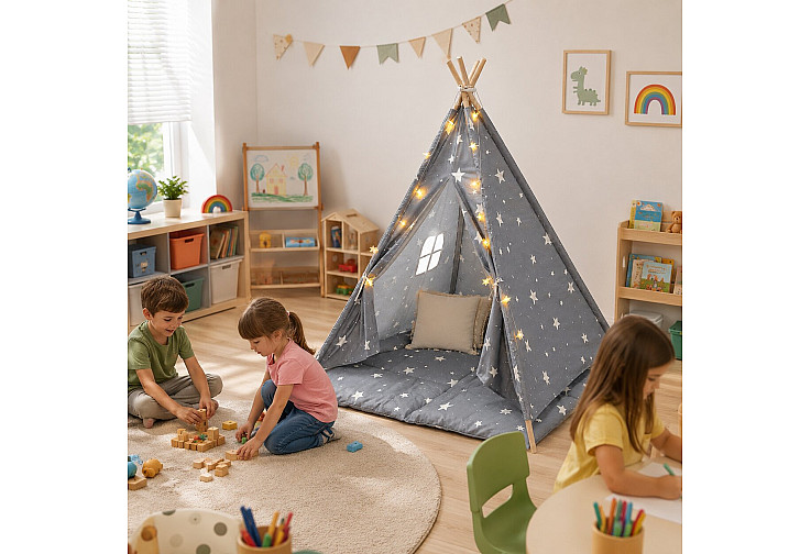 Детска памучна палатка Little Stars, типи, сива със звезди, с мека подложка с пълнеж, възглавница и LED лампички, 120x120x160 см