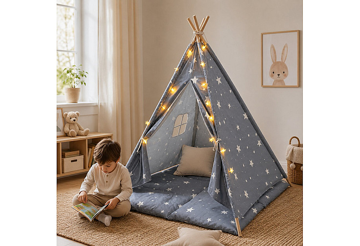 Детска памучна палатка Little Stars, типи, сива със звезди, с мека подложка с пълнеж, възглавница и LED лампички, 120x120x160 см
