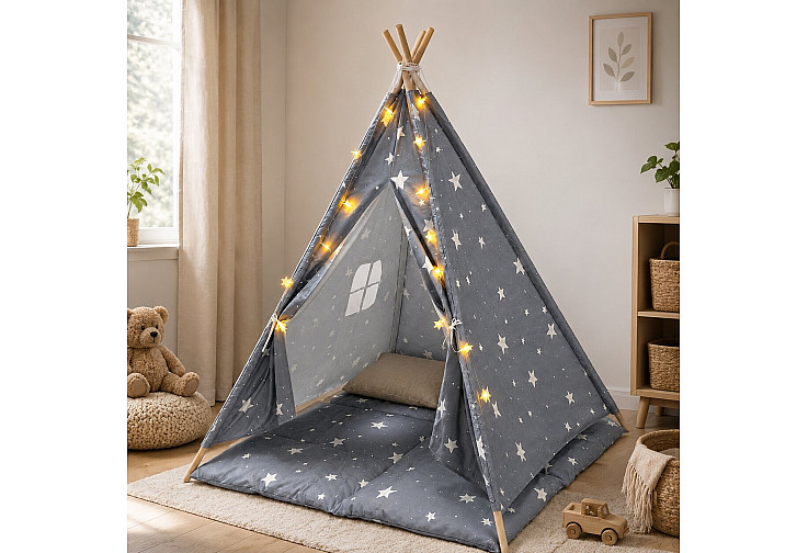 Детска памучна палатка Little Stars, типи, сива със звезди, с мека подложка с пълнеж, възглавница и LED лампички, 120x120x160 см