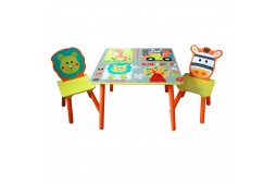 Детска маса с 2 столчета, комплект от дърво - за учене, игра, рисуване, хранене - SAFARI