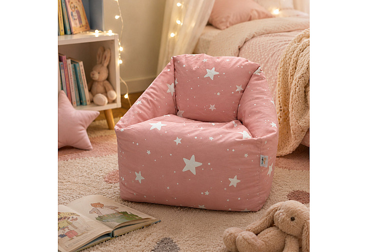 Детски пуф кресло Little Stars, 100% памук, розов барбарон със звезди, 55x44x55 см