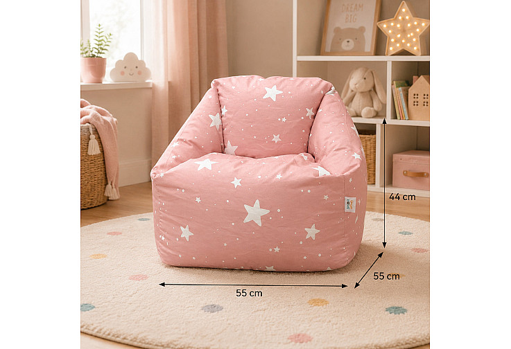 Детски пуф кресло Little Stars, 100% памук, розов барбарон със звезди, 55x44x55 см
