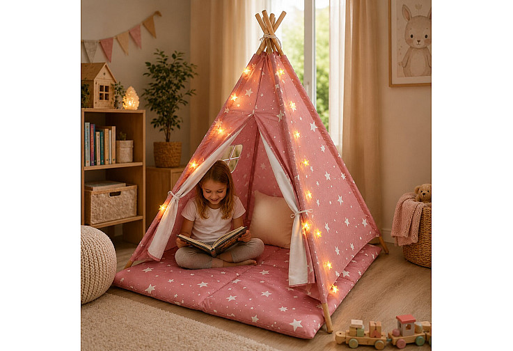 Детска памучна палатка Little Stars, типи, розова със звезди, с мека подложка с пълнеж, възглавница и LED лампички, 120x120x160 см