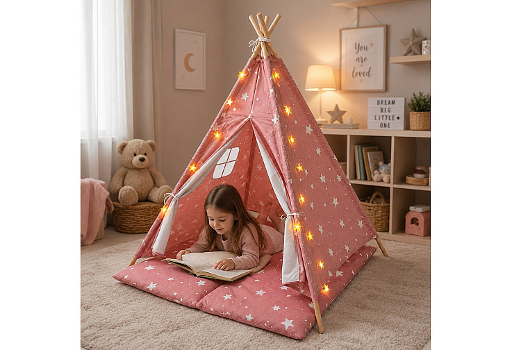 Детска памучна палатка Little Stars, типи, розова със звезди, с мека подложка с пълнеж, възглавница и LED лампички, 120x120x160 см