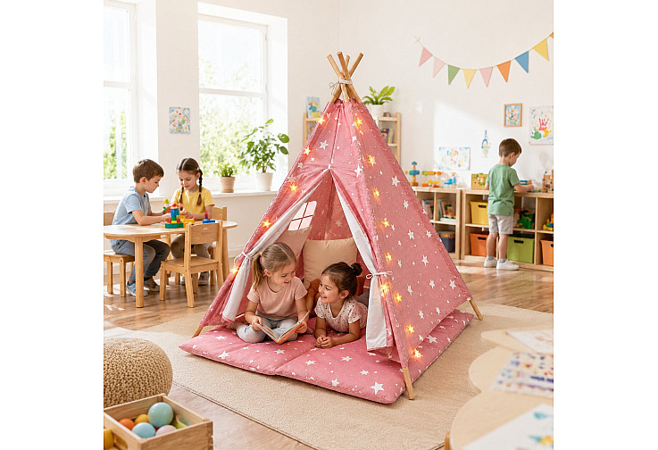 Детска памучна палатка Little Stars, типи, розова със звезди, с мека подложка с пълнеж, възглавница и LED лампички, 120x120x160 см