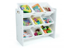 Етажерка с 9 кутии за съхранение, органайзер за играчки и книжки от дърво - WHITE