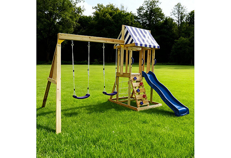 Детски дървен комплект за игра на открито 4 в 1 – пързалка 1.8 м, 2 люлки, катерушка и въжена мрежа, 308×318×244 см
