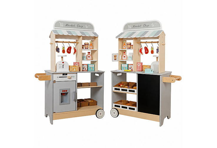 Детски Дървен Магазин GINGER HOME 2 в 1, Кухня, Щанд, Рафтове, Черна Дъска и Аксесоари, 60/73x29.5x105 см