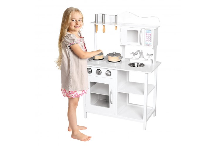Детска дървена кухня за игра с аксесоари - бяла