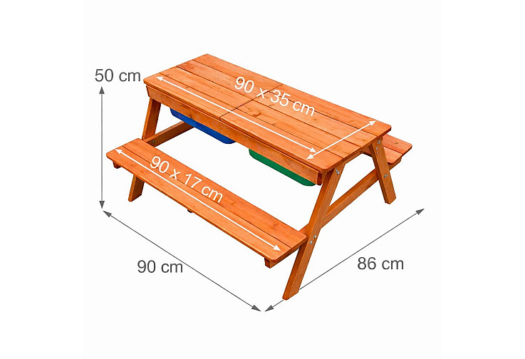 Детска дървена маса с пейки и пясъчник – 2 в 1, повдигащ се плот, 90x86x50 см