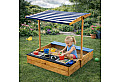 Детски дървен пясъчник 3в1 с кухня, пейка и сенник с UV защита – игра на открито (110x114x110 см)