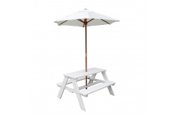 Градински комплект детска маса и пейки за пикник, с чадър anti-UV 30+, дървен, игра на открито - WHITE