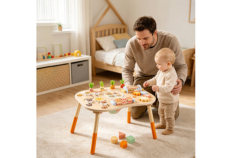 Детска Активна Маса GINGER HOME, Монтесори Център за игра 6 в 1, Масивно Дърво, 46x30.5x43.5 см