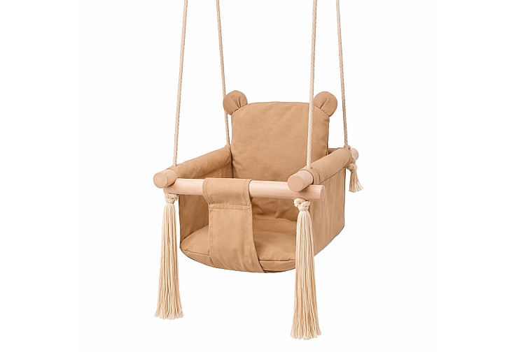 Детска дървена люлка Мече - мека памучна седалка, до 30 кг, 28×28×196 см