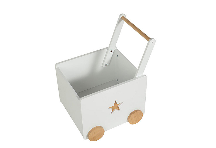 Детска кутия за играчки GINGER HOME с колелца и дръжка за бутане, дървена, бяла, 38х45х54 см