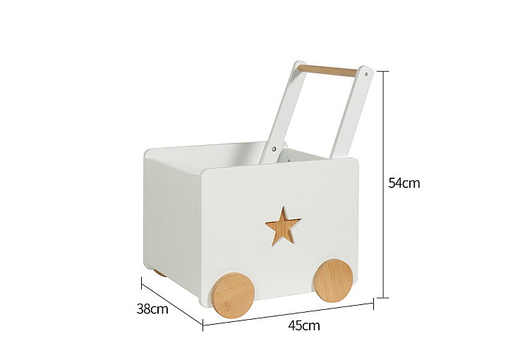 Детска кутия за играчки GINGER HOME с колелца и дръжка за бутане, дървена, бяла, 38х45х54 см