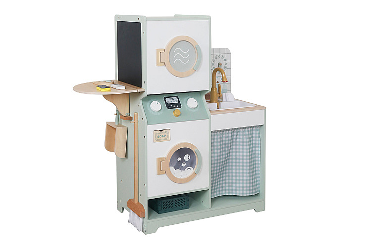 Детска Дървена Пералня 3 в 1 с Мивка с Течаща Вода и Сушилня GINGER HOME, 86×32×90 см