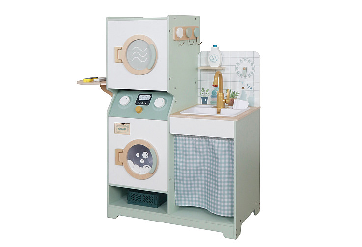 Детска Дървена Пералня 3 в 1 с Мивка с Течаща Вода и Сушилня GINGER HOME, 86×32×90 см