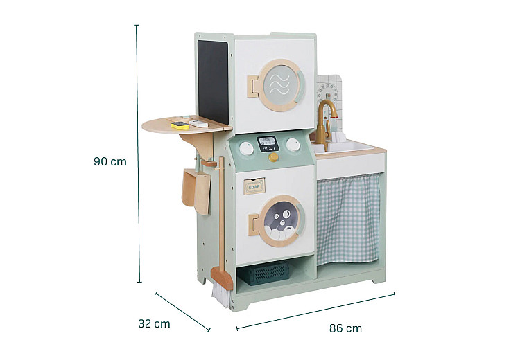 Детска Дървена Пералня 3 в 1 с Мивка с Течаща Вода и Сушилня GINGER HOME, 86×32×90 см