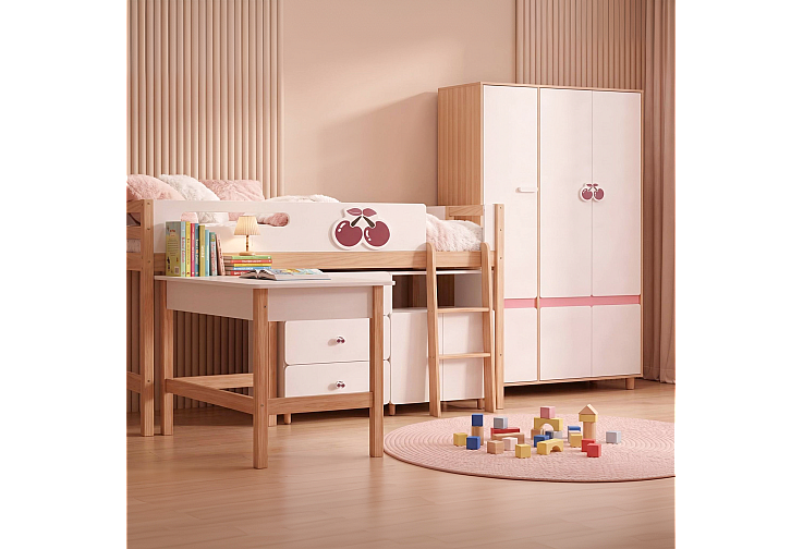 Комплект детска стая CHERRY с комбинирано легло 90x200 см, бюро, скрин, шкаф и трикрилен гардероб, бяло, розово и натурално дърво