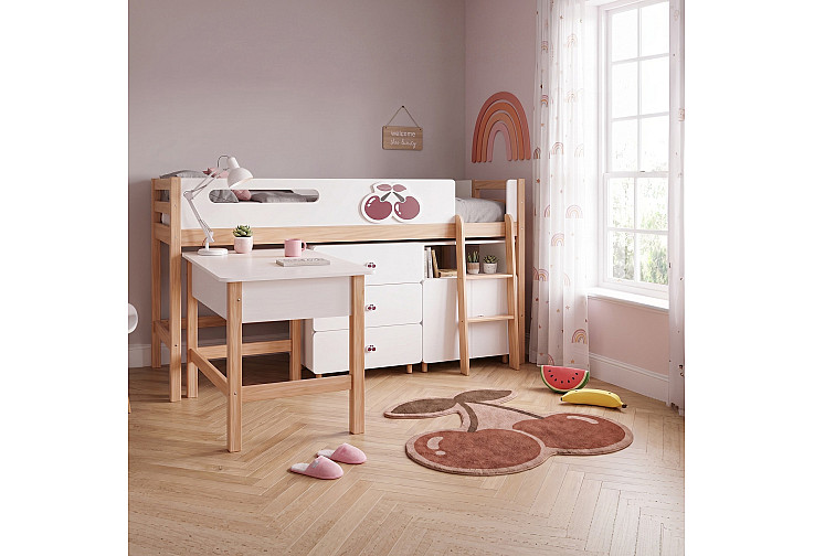 Комплект детска стая CHERRY с комбинирано легло 90x200 см, бюро, скрин, шкаф и трикрилен гардероб, бяло, розово и натурално дърво