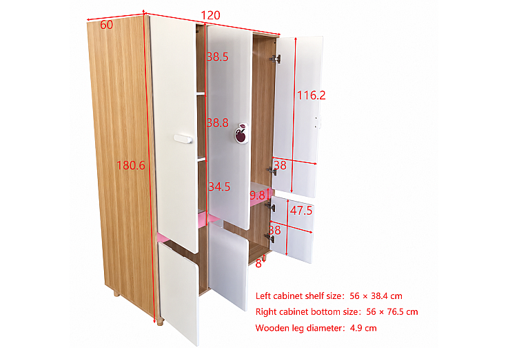 Комплект детска стая CHERRY с комбинирано легло 90x200 см, бюро, скрин, шкаф и трикрилен гардероб, бяло, розово и натурално дърво