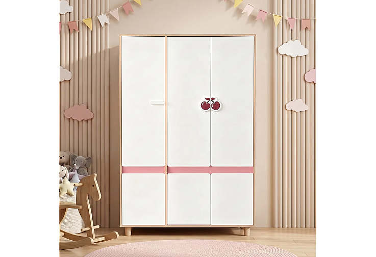 Комплект детска стая CHERRY с комбинирано легло 90x200 см, бюро, скрин, шкаф и трикрилен гардероб, бяло, розово и натурално дърво