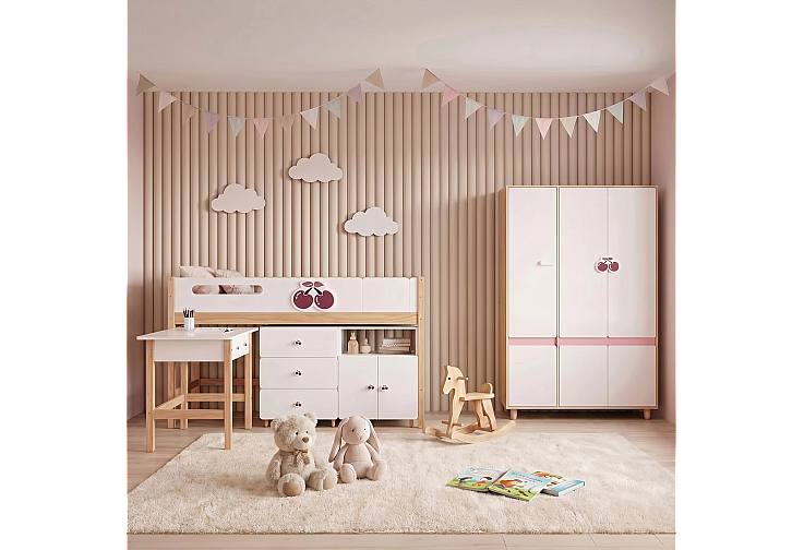 Комплект детска стая CHERRY с комбинирано легло 90x200 см, бюро, скрин, шкаф и трикрилен гардероб, бяло, розово и натурално дърво